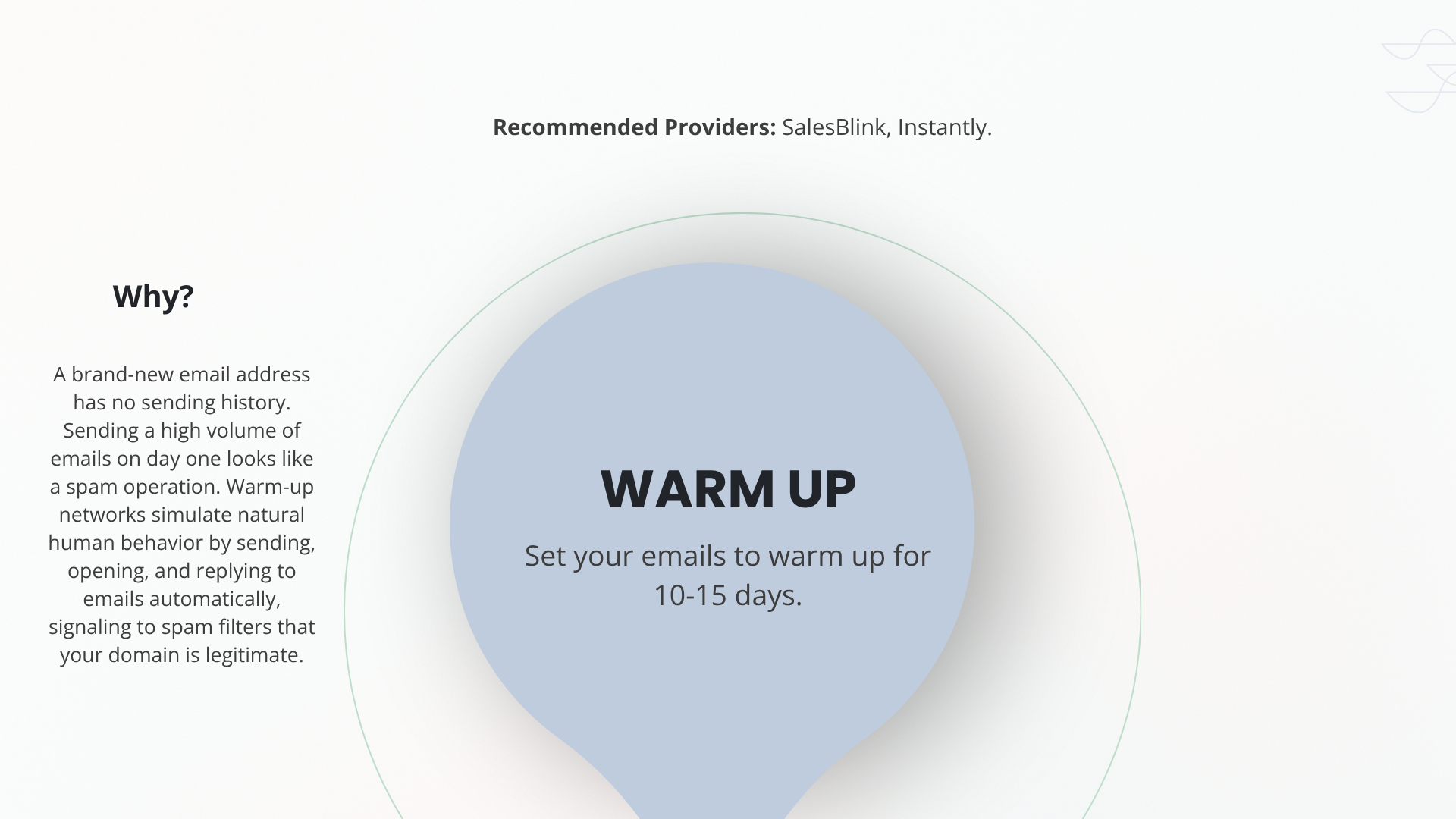 Warm up step: warm new sending addresses for 10 to 15 days with SalesBlink or Instantly before a cold campaign.