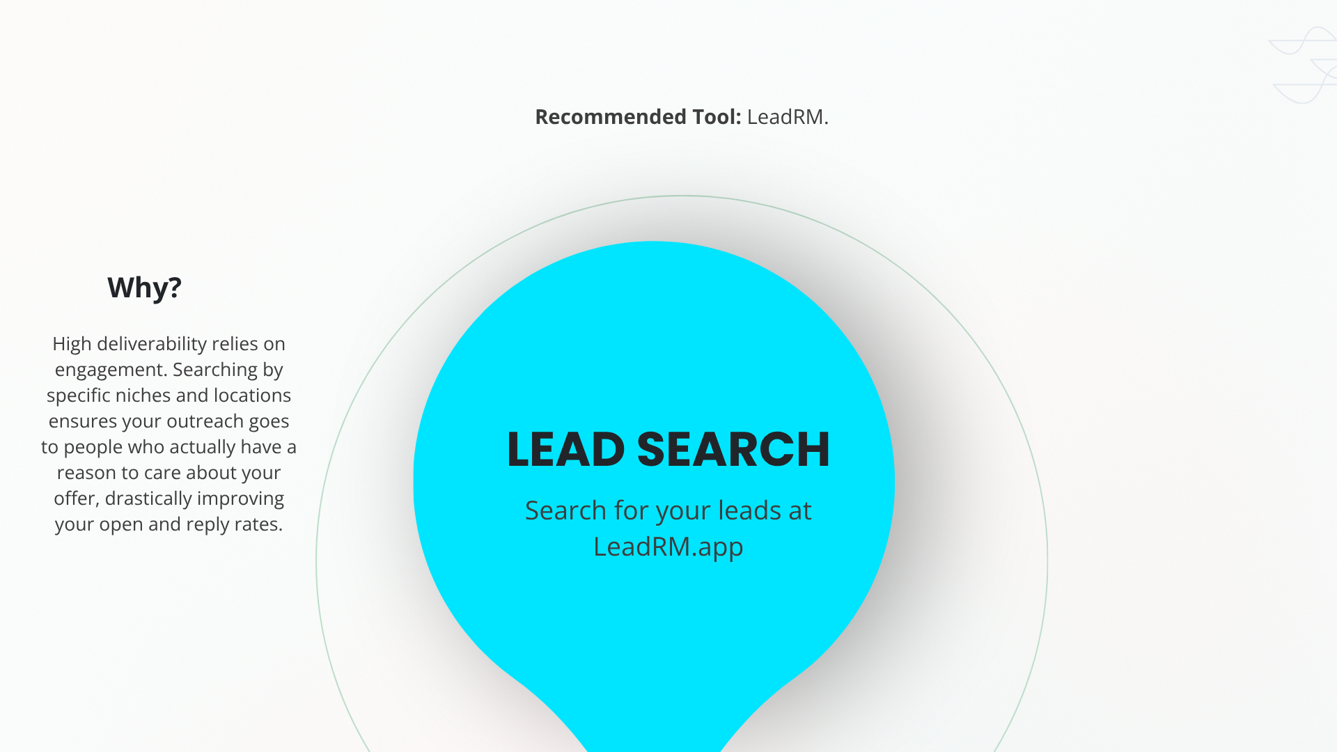 Lead search step: search for leads at LeadRM.app by niche and location so outreach goes to a specific kind of business.
