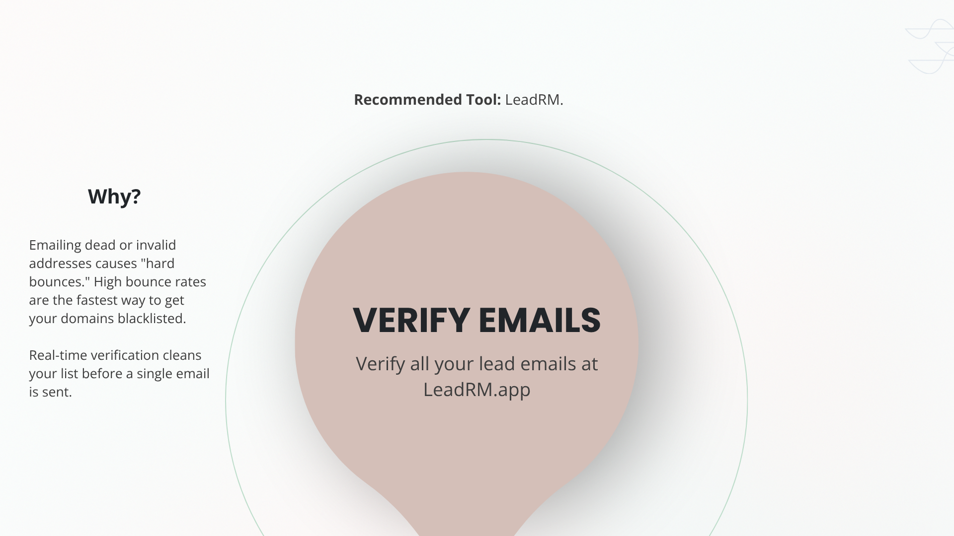 Verify emails step: check lead email addresses in LeadRM before a message is sent, to avoid hard bounces from invalid addresses.