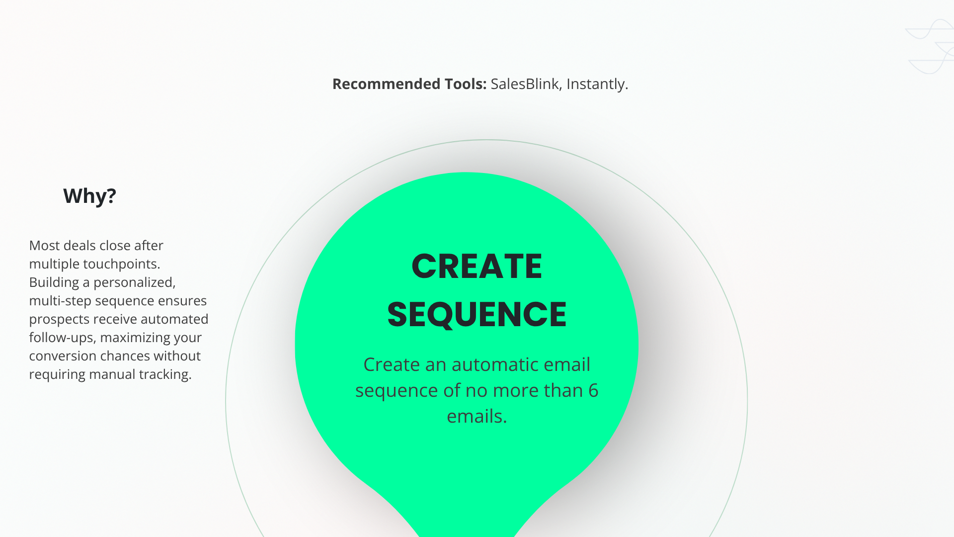 Create sequence step: build an automatic email sequence of no more than six emails in SalesBlink or Instantly.